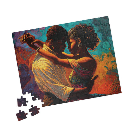 Jigsaw puzzle with a couple dancing on a colorful background