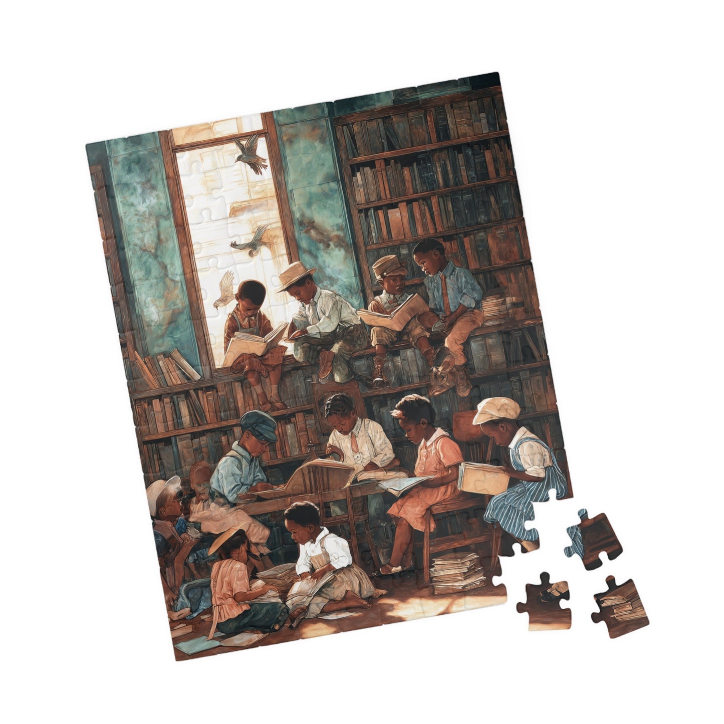 Jigsaw puzzle with a scene of children in a library.