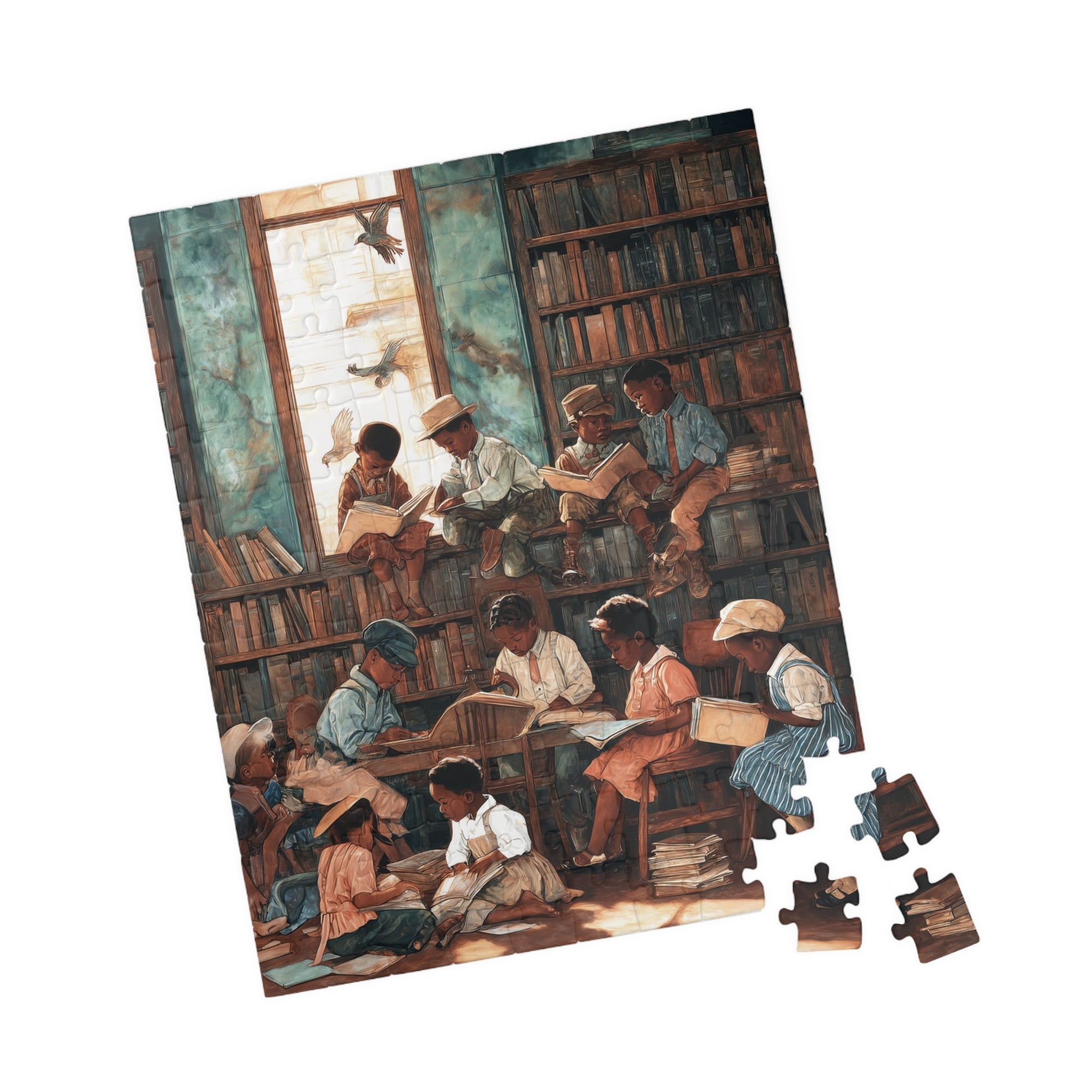 Jigsaw puzzle with a scene of children in a library.