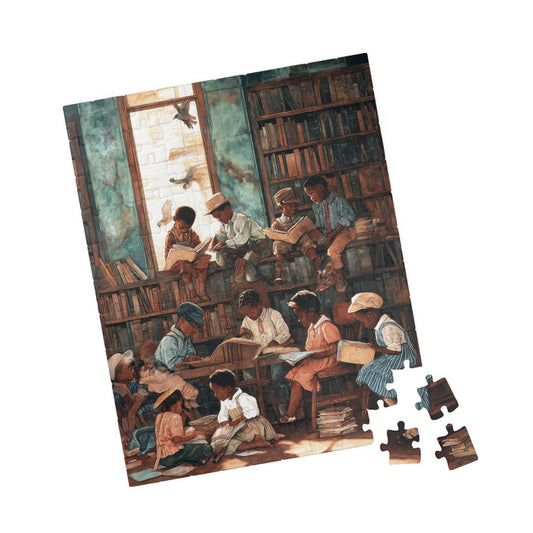 Jigsaw puzzle with a scene of children in a library.